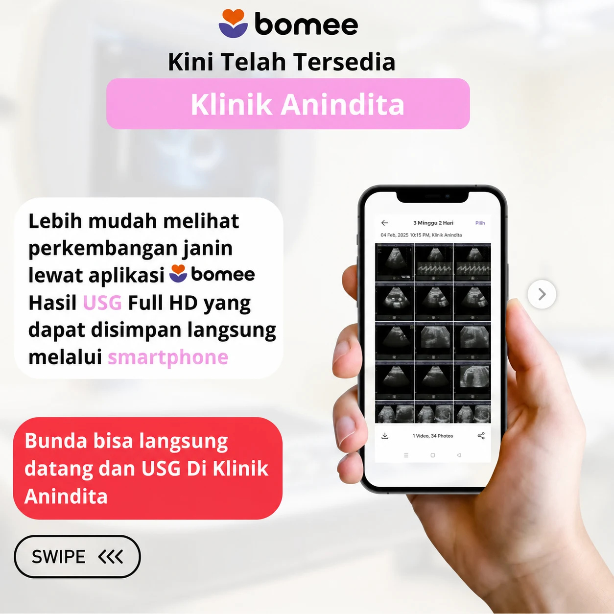 Bomee kini tersedia di Klinik Anindita. Lihat hasil USG Full HD langsung melalui smartphone.